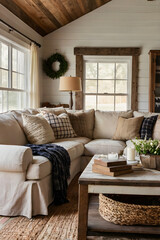 Cozy Farmhouse Living Room with White Shiplap Walls Reclaimed Wood Coffee Table Stone Fireplace and Built-In Shelves