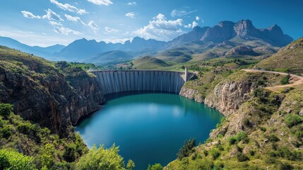 Serene Mountain Reservoir Landscape with Dam and Blue Sky