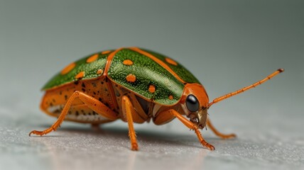 Fototapeta premium Close-up of vibrant green and orange beetle. (1)