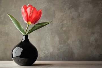 Elegant red tulip in a black vase on a rustic wooden surface, showcasing a beautiful floral arrangement in a serene and minimalistic setting.