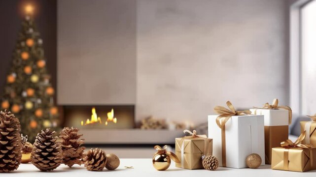Panning camera near Christmas Tree and Gifts in a modern light room - animation