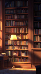 Cozy wooden library with bookshelves and a warm lamp glow.