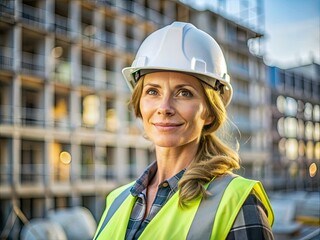 A young woman stands confidently at a construction site wearing a hard hat and safety vest while overseeing workers and equipment during sunset