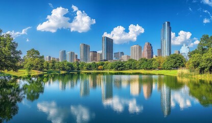 Modern City Skyline with Skyscrapers Reflecting in Calm Urban Lake, Clear Blue Sky and Fluffy Clouds, Symbolizing Growth, Innovation, and Luxury Living.