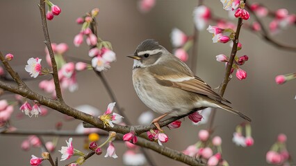 A delicate bird rests on a branch filled with lively pink blossoms embodying the beauty of spring in a picturesque fruit garden