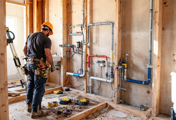 Construction worker installing plumbing systems in a residential building renovation project