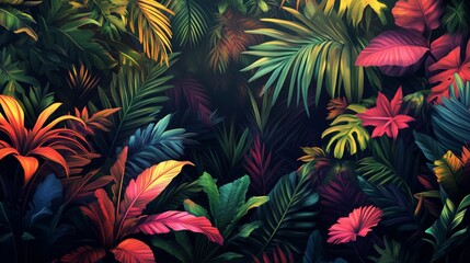 Lush jungle plants in the style of a colorful cartoon, set against a dark background with bold, vibrant colors
