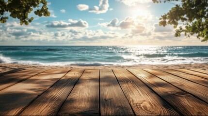 Fototapeta premium Wooden table top with a blurred tropical beach background for product display presentation