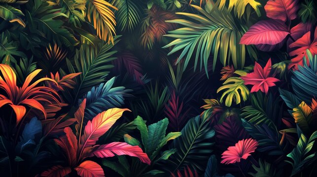 Lush jungle plants in the style of a colorful cartoon, set against a dark background with bold, vibrant colors