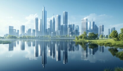 Fototapeta premium Modern City Skyline with Skyscrapers Reflecting in Calm Urban Lake, Clear Blue Sky and Fluffy Clouds, Symbolizing Growth, Innovation, and Luxury Living.