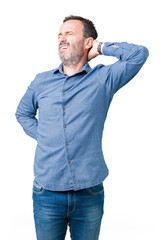 Handsome middle age elegant senior man over isolated background Suffering of neck ache injury, touching neck with hand, muscular pain