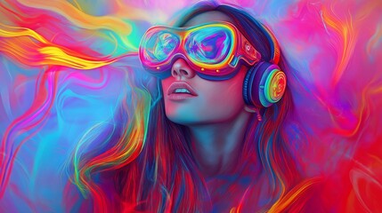 Fototapeta premium Woman in a digital festival with holograms and augmented reality experiences, highlighting innovation and creativity