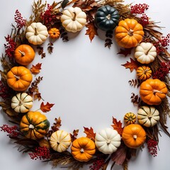 Colorful autumn wreath decorated with diverse pumpkins and foliage on a neutral background