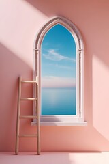 Beautiful arched window with serene ocean view and wooden ladder in a pastel room setting