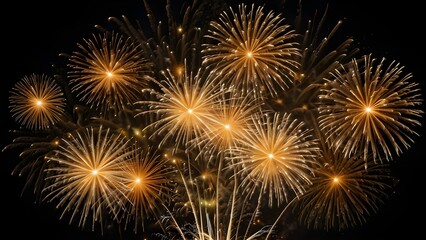 Dazzling patterns of light and sparkles are produced as golden fireworks burst against the pitch-black night sky.