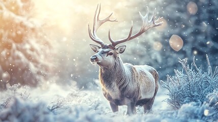 Majestic Deer in Snowy Forest. Winter Wonderland Scene.