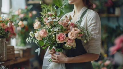 Florist workshop: Making bouquets and flower arrangements. Woman collecting a bouquet of flowers with soft focus.