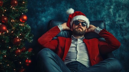Obraz premium Relaxed Man in Santa Hat and Suit, Christmas Concept