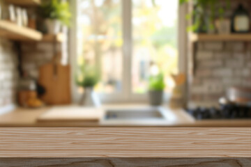 Wood table top on blur kitchen counter (room)background. For montage product display or design key visual layout.