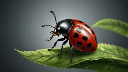 Fototapeta premium Close-up of a ladybug on a green leaf. (1)