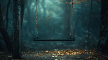 Eerie empty swing swaying gently in wind amidst misty forest.