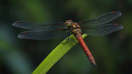 Ruddy dragonfly perched on a green leaf.