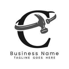 C Letter logo construction vector for woodworking company. Alphabet C hammer template illustration