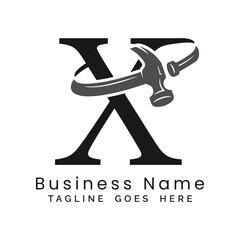 X Letter logo construction vector for woodworking company. Alphabet X hammer template illustration