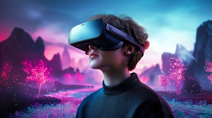 VR headset, 3D game world background, gaming style environment, floating colorful voxel islands, digital headset