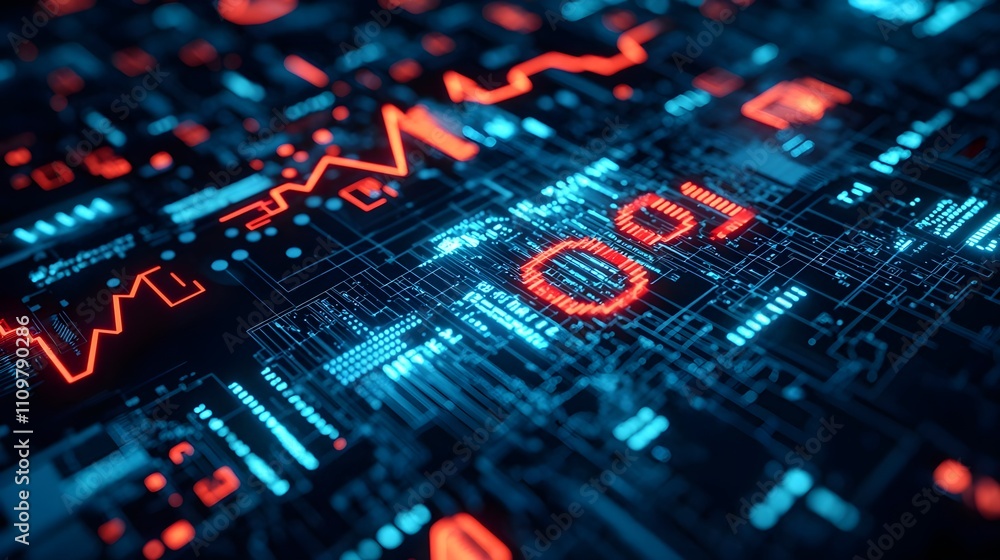 Poster abstract technology background: red and blue circuit board data stream