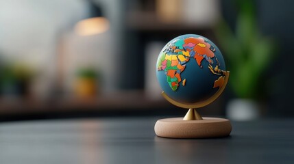 Colorful globe on wooden stand showcasing continents and countries in a modern office setting with greenery