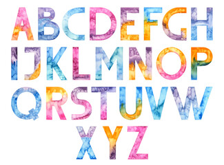 Hand drawn watercolor colored alphabet font isolated on white background. Multicolored bright aquarelle type capital letters. Handwritten. For print, postcard, cover, poster, stickers, design.