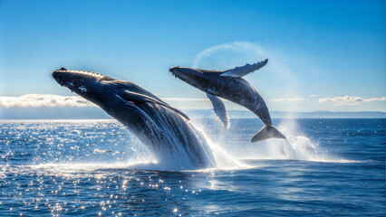 Fototapeta premium Humpback whales breaching in sparkling blue ocean