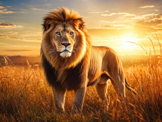 A majestic lion standing in tall golden grass under the warm light of a setting sun, radiating power and grace in the African savannah. Generative AI