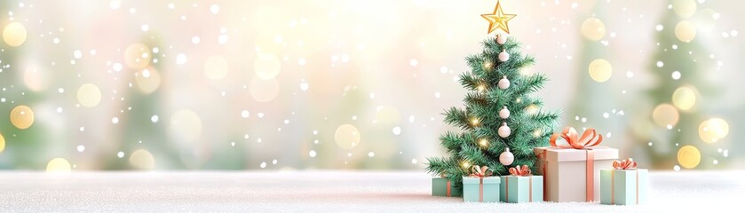 Festive Christmas Tree with Ornaments and Wrapped Gifts in a Cheerful Holiday Setting with Soft Bokeh Background