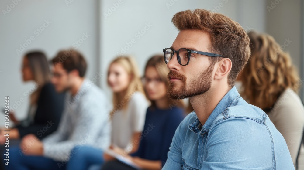 Poster thoughtful man engaged in networking event