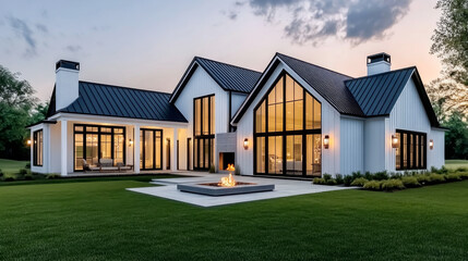 Obraz premium Modern farmhouse elegance in a suburban landscape featuring striking black and white contrasts with a cozy fire pit setting