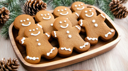 Delightful arrangement of gingerbread cookies on a rustic wooden plate surrounded by festive greenery and seasonal spices for a cozy Christmas celebration