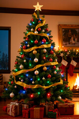 Árbol de navidad junto a una chimenea