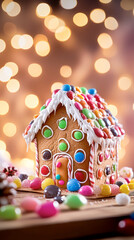 Fototapeta premium Enchanting gingerbread house adorned with vibrant candies brings a cozy holiday spirit to a festive table setting filled with warmth and joy