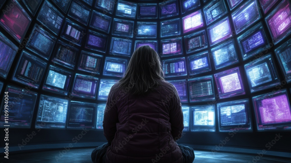 Aufkleber a person sits in front of a wall of glowing screens displaying data and graphics, ai