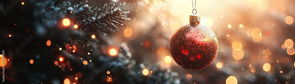 Poster shimmering christmas ornament hanging from pine tree branch with sparkling bokeh background of holid