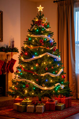 Árbol de navidad junto a una chimenea