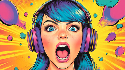 Excitement and Color Combine in a Dynamic Comic Book Panel Featuring a Young Female Gamer with Vibrant Blue and Purple Hair