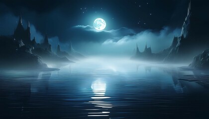 Obraz premium dark night landscape light reflection in the water fog smoke smog empty futuristic landscape