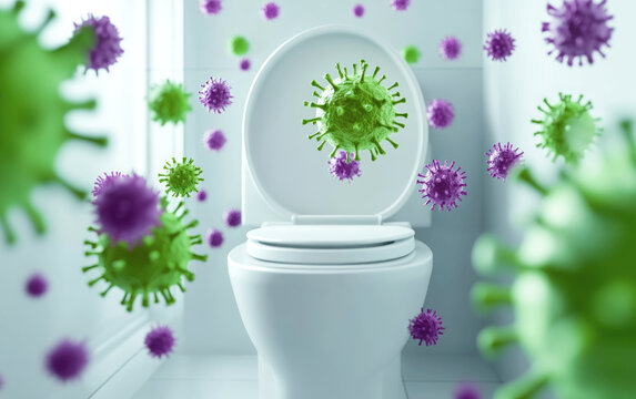 Colorful germs and viruses emerge from a clean white toilet in a bright, spacious bathroom with soft lighting