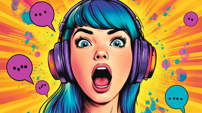 Excited female gamer with blue and purple hair expresses surprise while listening to music through headphones in vibrant comic book panel