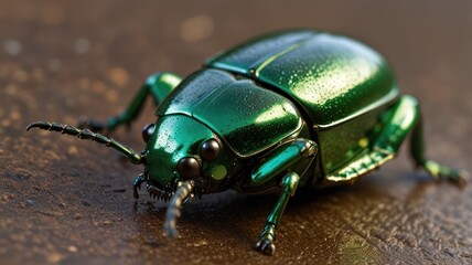 Naklejka premium Close-up of a vibrant green metallic beetle on a dark brown surface.