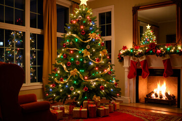 Árbol de navidad junto a una chimenea