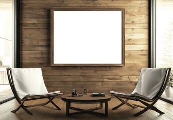 Modern Living Room with Large Wooden Wall and Blank Poster Frame
